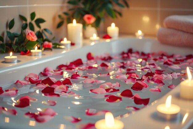 Photo a beautiful relaxing bathroom with a tub and rose petals in the water and candles on the floor