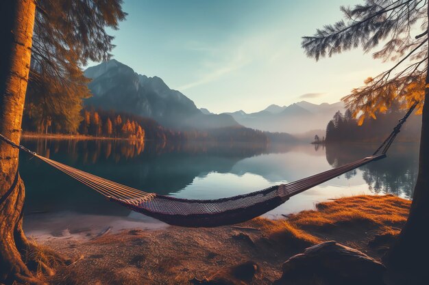 Photo beautiful relaxing peaceful landscape mountain lake beach