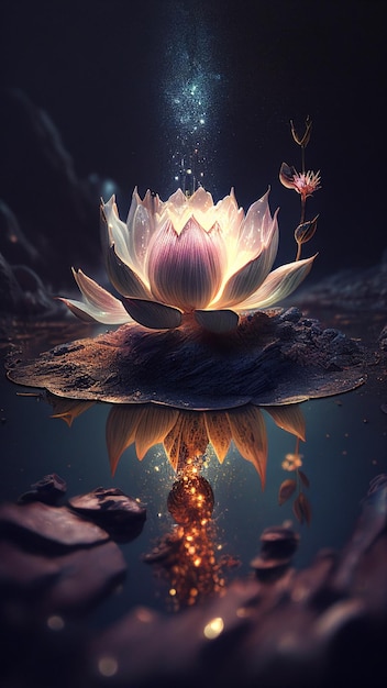 Beautiful representation of a lotus flower or water lily in a pond illuminated by candles and sparks of light Environment of reflection and meditation Generative Ai