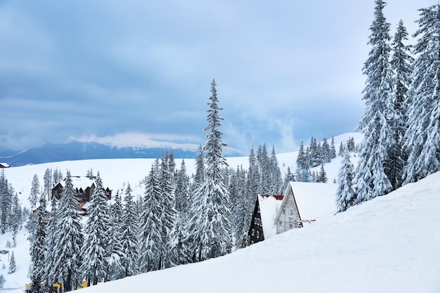 Beautiful resort in mountains on snowy day Winter vacation