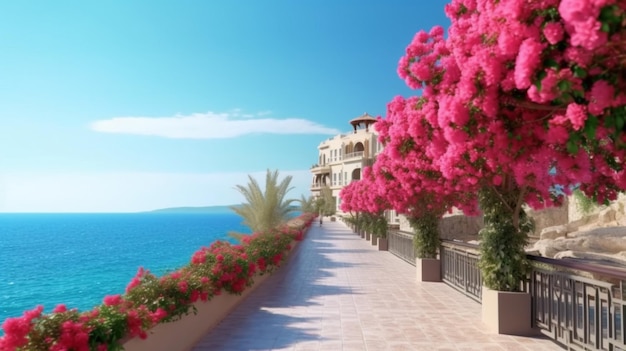 Beautiful resort promenade with blooming colorful olea generative ai