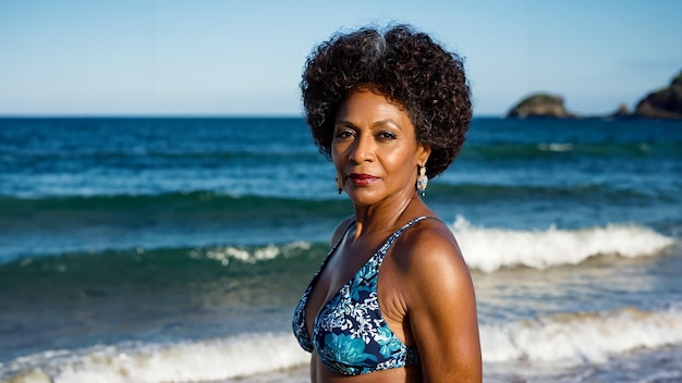 A beautiful respectable mature black woman posing in a swimsuit