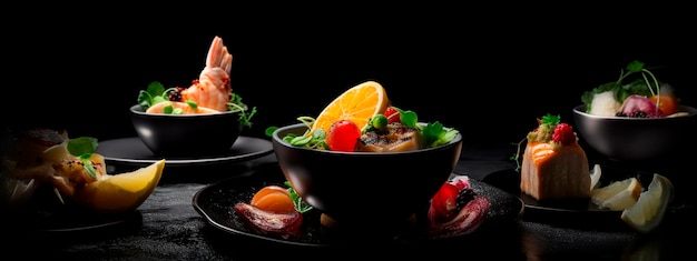 Beautiful restaurant food on a black background Generative AI
