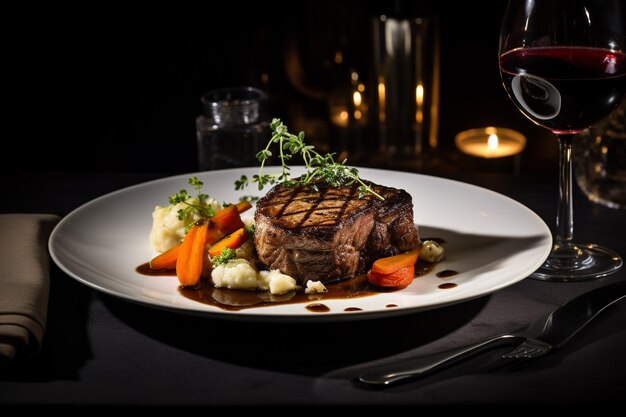 Photo a beautiful restaurant plate on dark background roast steak sauce and vegetables generative ai