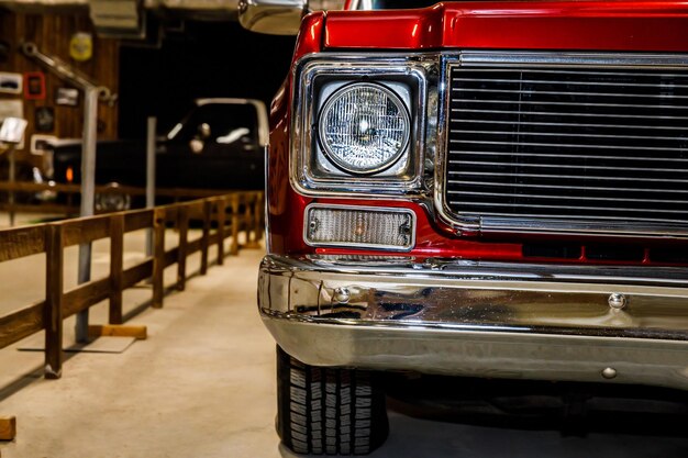 Beautiful retro car of red color. close-up