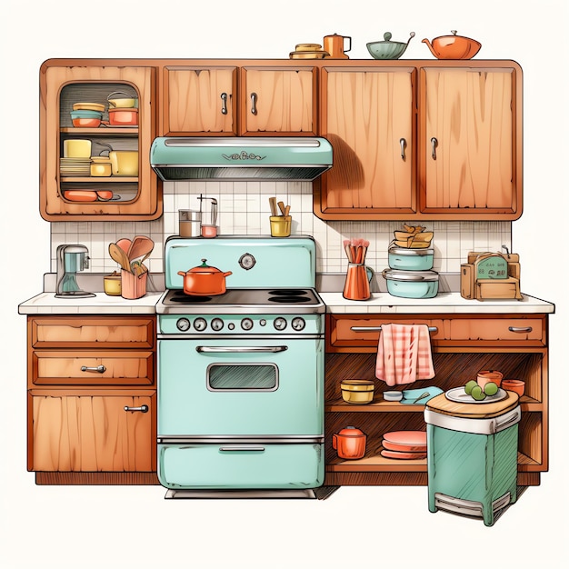 Photo beautiful retro kitchen clipart illustration