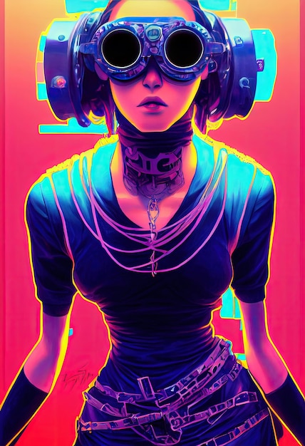 Beautiful retro wave Female scientist with Goggles Cyberpunk metaverse character Concept Digital art