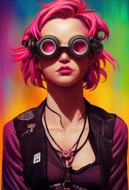 Beautiful retro wave Female scientist with Goggles Cyberpunk metaverse character Concept Digital art