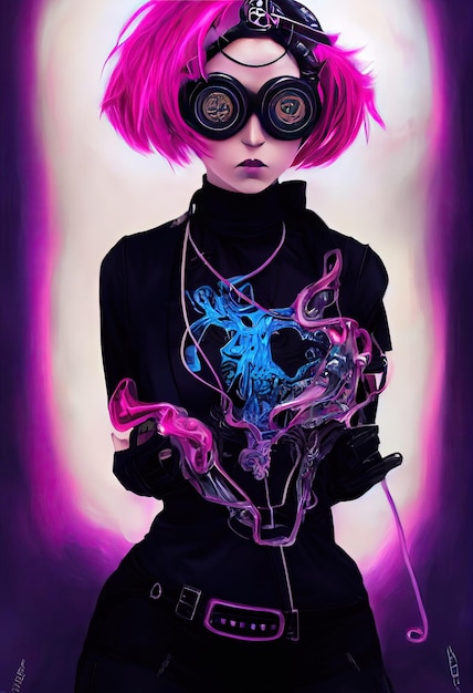 Beautiful retro wave Female scientist with Goggles Cyberpunk metaverse character Concept Digital art