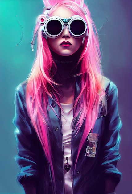 Beautiful retro wave Female scientist with Goggles Cyberpunk metaverse character Concept Digital art