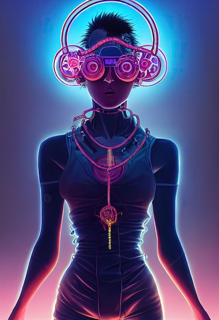 Beautiful retro wave Female scientist with Goggles Cyberpunk metaverse character Digital art style