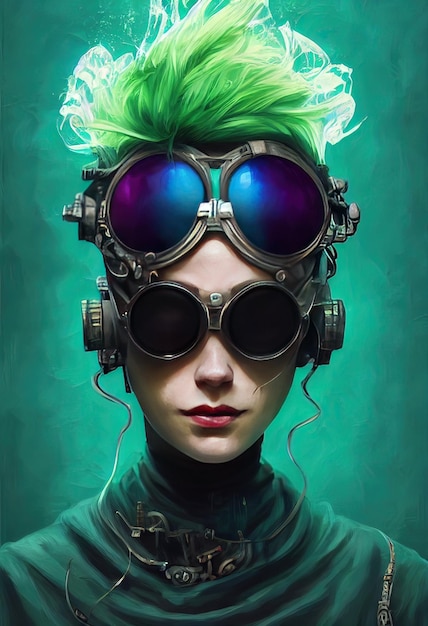 Beautiful retro wave Female scientist with Goggles Cyberpunk metaverse character Digital art style