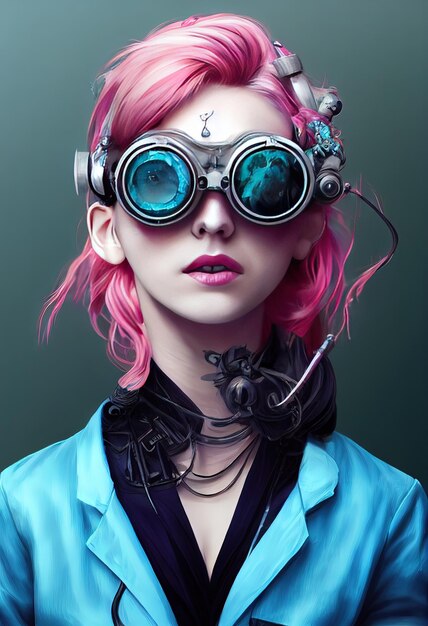 Beautiful retro wave Female scientist with Goggles Cyberpunk metaverse character Digital art style