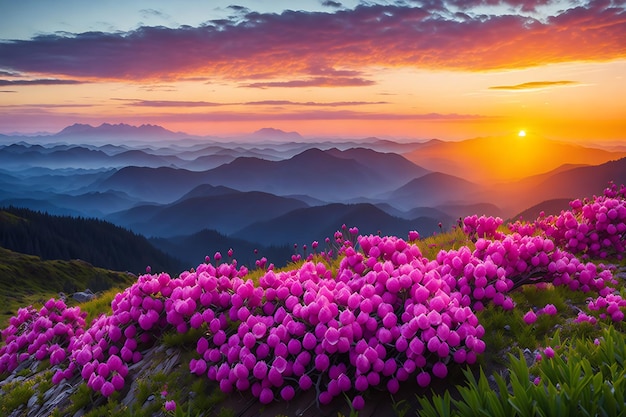 Beautiful rhododendron flowers over sunset mountains field landscape