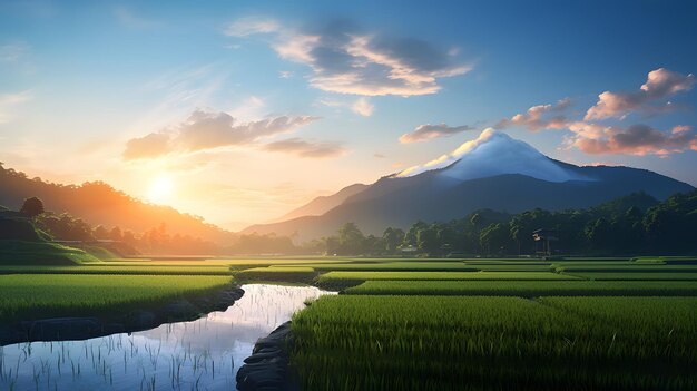 Bel paesaggio di campi di riso sullo sfondo ia generativa