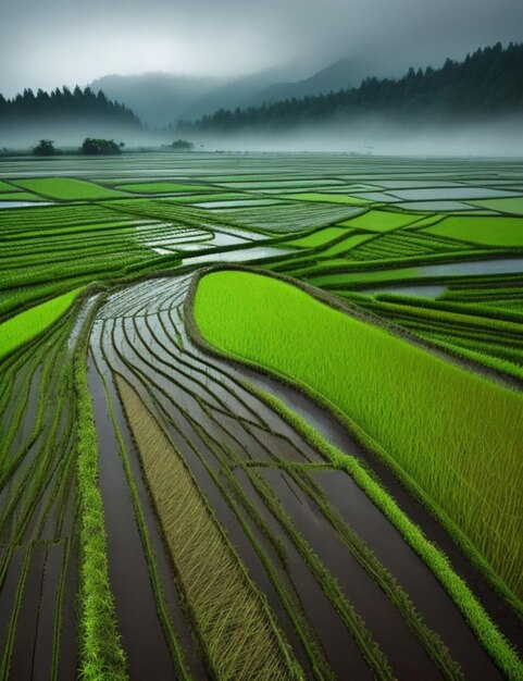 Photo beautiful rice fields drenched in heavy rain