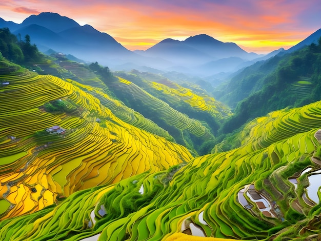 Beautiful rice terraces Surrounded by mountains and sunset ai generated