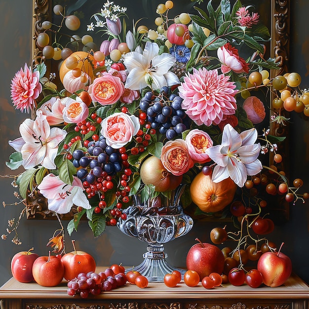 Beautiful rich still life with fruits and flowers