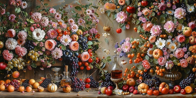 Beautiful rich wide still life with fruits and flowers