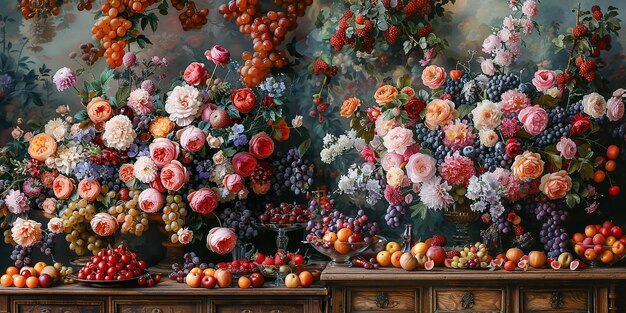 Beautiful rich wide still life with fruits and flowers