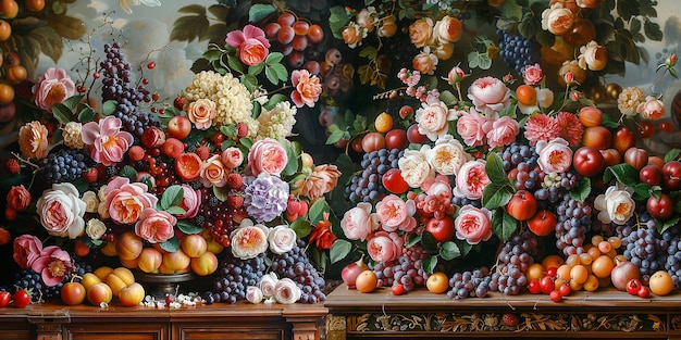 Beautiful rich wide still life with fruits and flowers