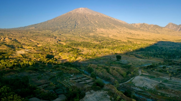 Beautiful Rinjani mountain scenery under blue sky