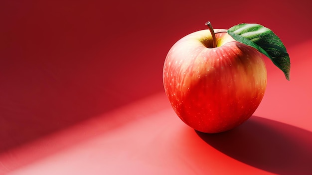 Photo a beautiful ripe apple with a single leaf the apple is red and shiny and the leaf is green and lush