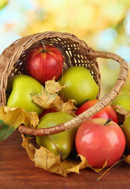 Beautiful ripe apples and pears with yellow leaves in basket on table on bright background