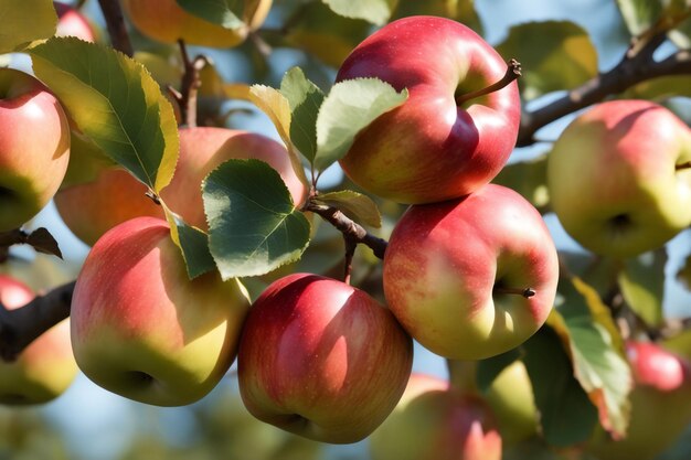 Beautiful ripe apples that hang on the branch of an apple tree