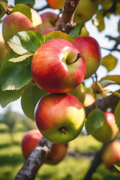 Beautiful ripe apples that hang on the branch of an apple tree