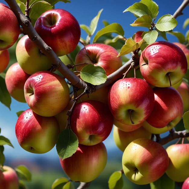 Фото Красивые спелые яблоки, которые висят на ветке яблони