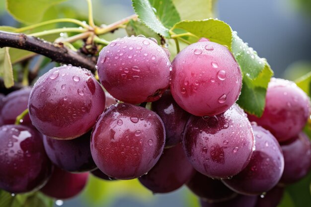 雨の後、木の枝に水や露が落ちる美しい熟した紫色の梅