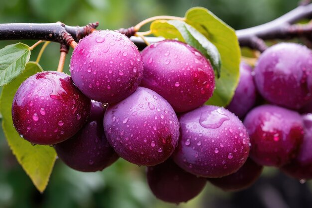 Красивая спелая фиолетовая слива с каплями воды или росы на ветке дерева после дождя