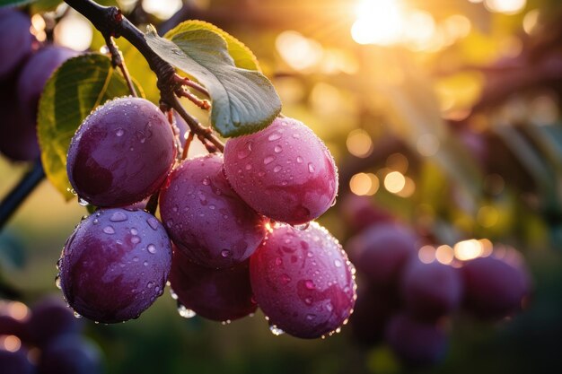 Beautiful ripe purple plum with water or dew drops on tree branch at sunset