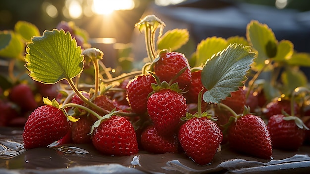 Beautiful ripe red strawberries close up on a farmer's field Stylized illustration of ecological agriculture AI generated