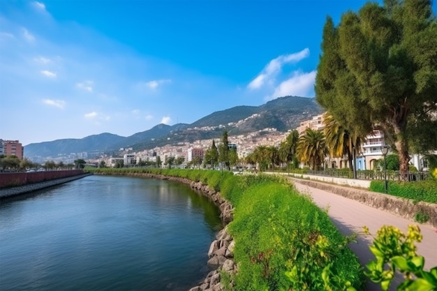 Photo beautiful river embankment with park area against sky