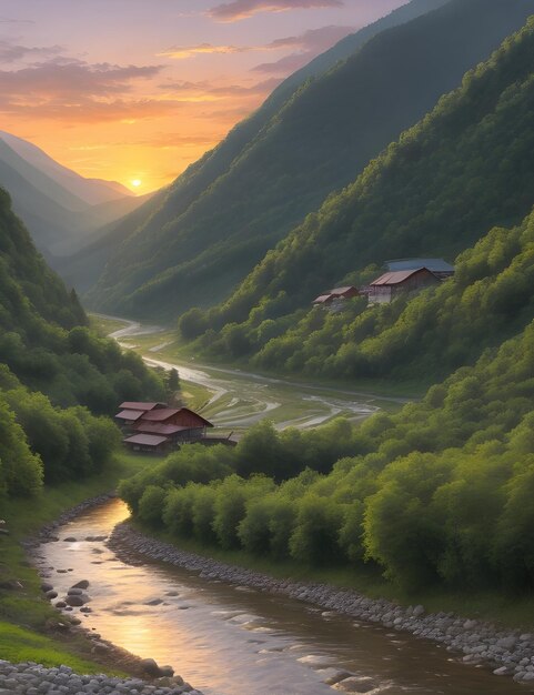 A beautiful river runs through a valley surrounded by mountains