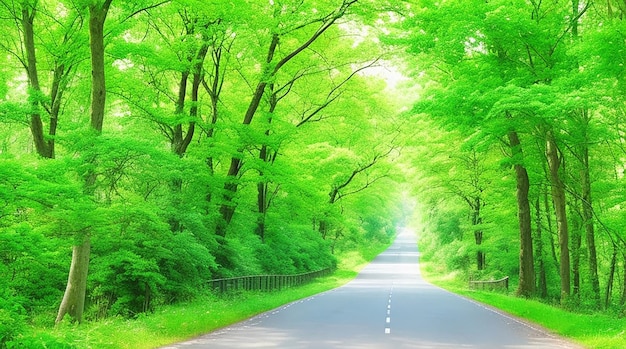 아름다운 도로는 초록색으로 둘러싸여 있습니다.