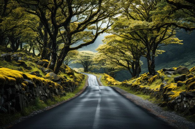 A beautiful road with serpentines in forest Asphalt track with trees on the sides Road without cars