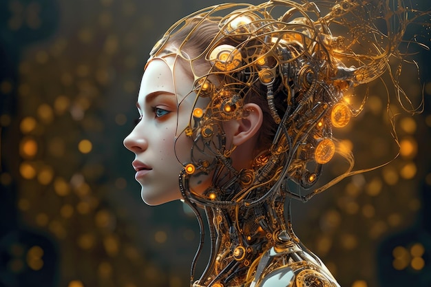 Beautiful robotic woman's head with connections and virtual nodes background Generated by AI