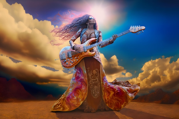 Beautiful rock star woman with electric guitar neural network ai generated