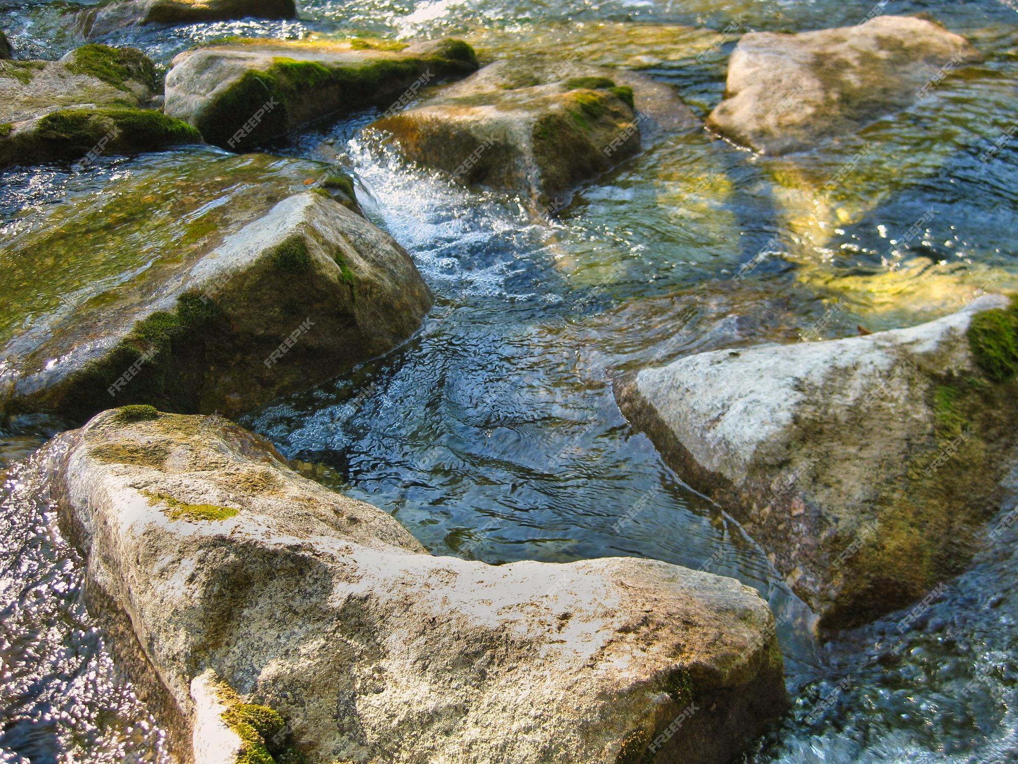 Moss-Covered Rocks in River