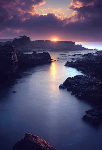 A beautiful rocky seashore at dawn in the rays of the morning sun and in the fog