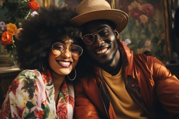 Beautiful romantic afro couple posing for selfie while having festive St Valentine's Day