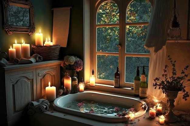 Beautiful romantic bathroom with candles on walls next to window created with generative ai