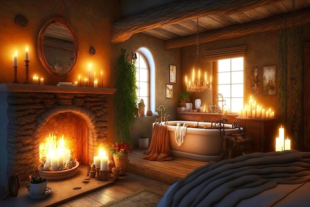 Beautiful romantic bedroom with fireplace and bathroom with candles created with generative ai