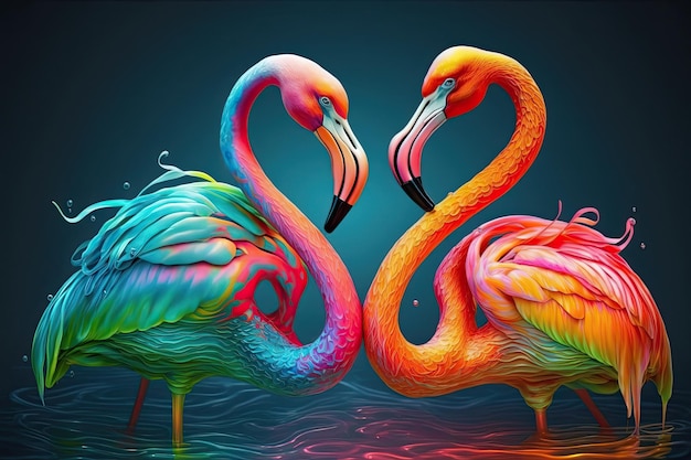 Beautiful romantic flamingos joining their heads in the shape of a heart Dark background Generative AI