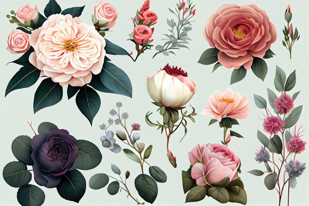 Beautiful romantic flower collection with roses leaves Generative Ai