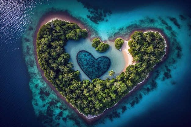 Beautiful romantic heart shaped tropical island for honeymoon Ai generated