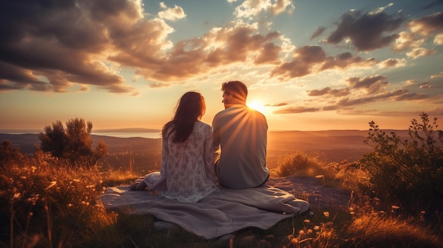 beautiful romantic woman and man nature watch sunrise sunset or sunrise romantic